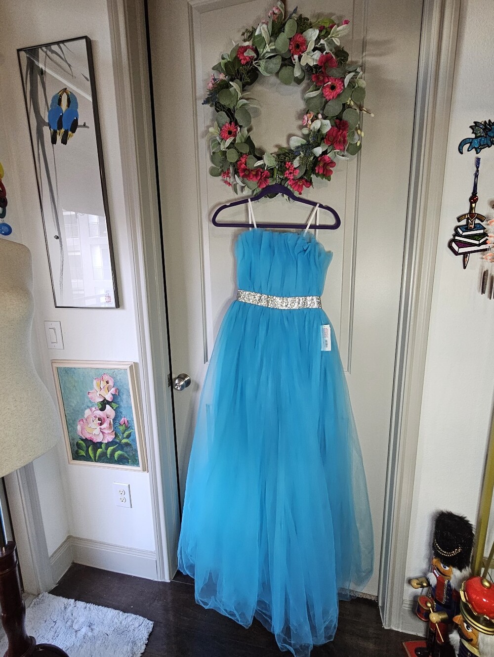 Juniors Turquoise Strapless Tulle Party/Prom Dress with Rhinestone Waistband